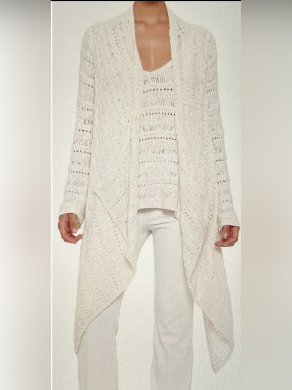 Donna Karan Cream Open-Knit Ribbon Draped Cardigan & Camisole Twin Set Sz L